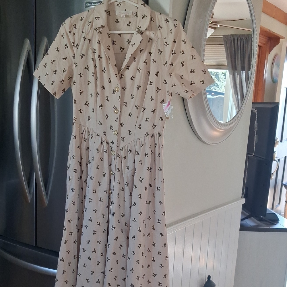 Flying Tomato Cream Dress with Brown Bow Print